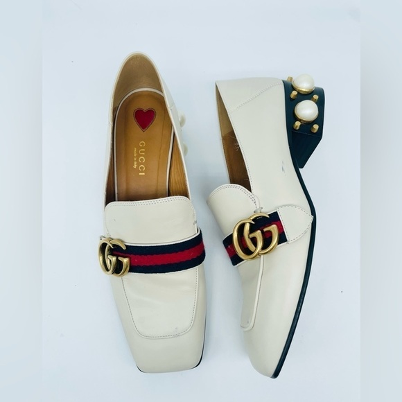 GUCCI Peyton Pearl GG Embellished Web White Cream Leather low heel loafers 37.5 - Picture 2 of 12